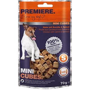 Premiere Mini Cubes kutya jutalomfalat csirke&répa&spenót 10x70g