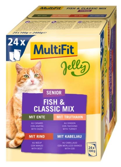 MultiFit Jelly macska tasak MP senior hal&hús mix 24x100g