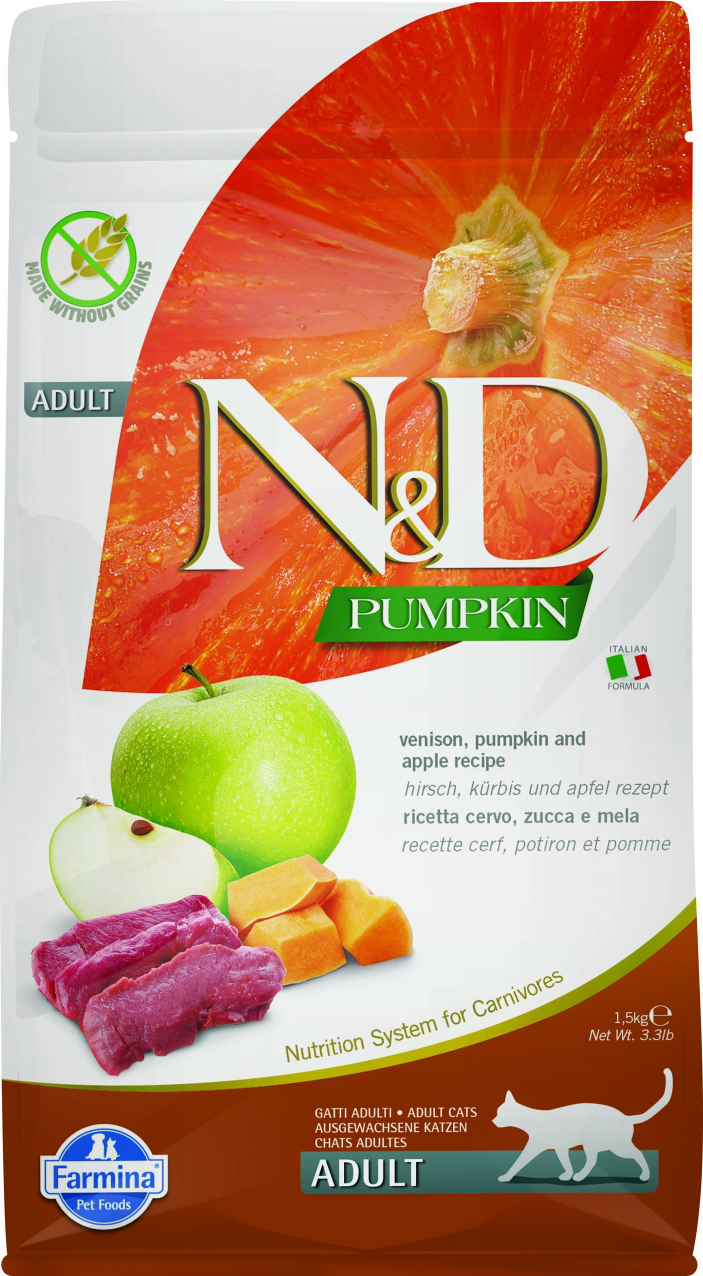 N&D Grain Free szarvas&alma sütőtökkel adult száraz macskaeledel 1,5kg